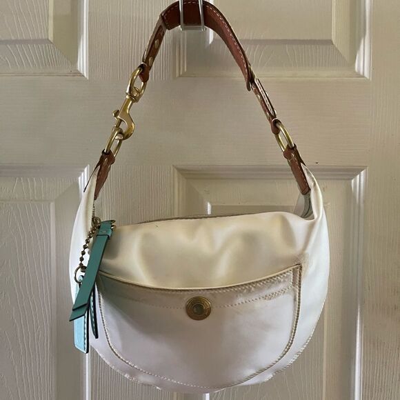 Coach Hampton off white Nylon Satchel turquoise blue charms & tan leather trim - Picture 1 of 16